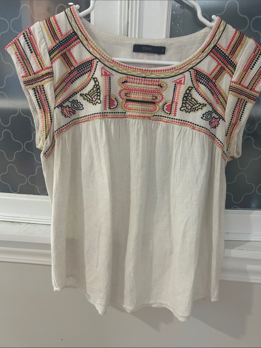 THML Cream Embroidered Scoop-Neck Cap Sleeve Tunic